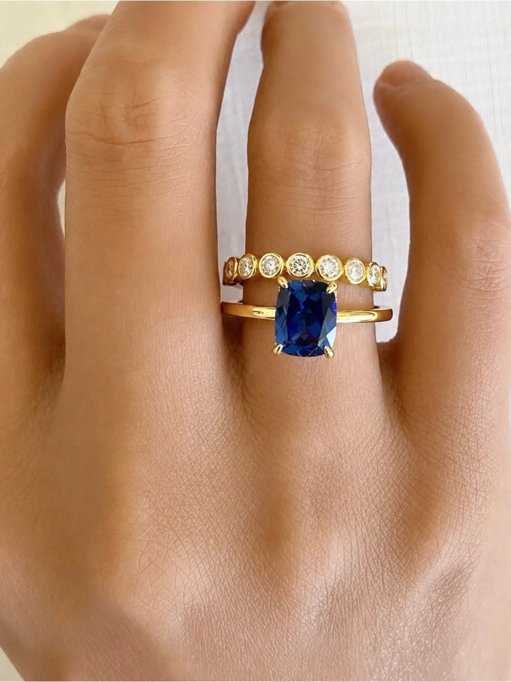 Yellow Gold 3Ct Cushion Blue Sapphire Moissanite Band Sterling Silver Ring Set